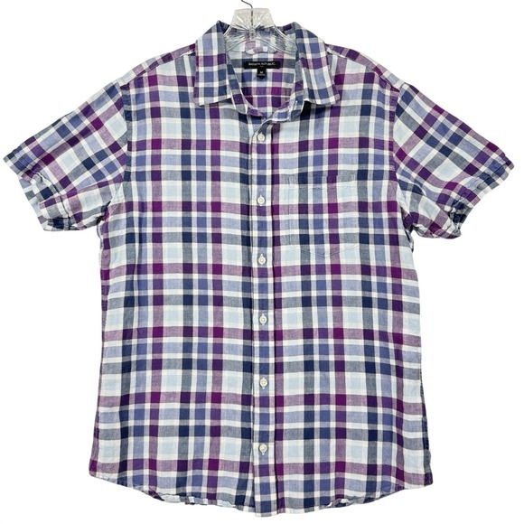Banana Republic Other - Banana Republic Button Down Shirt Mens Medium Purple Blue Plaid Linen Cotton SS
